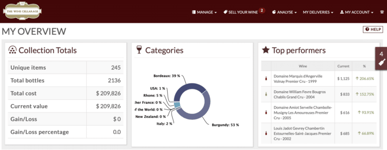 wine cellarage overview screen